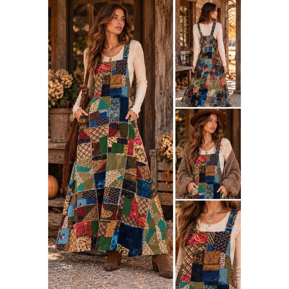 NWT Yak & Yeti Patchwork Overall Maxi Dress S/M Boho Cottagecore Pinafore